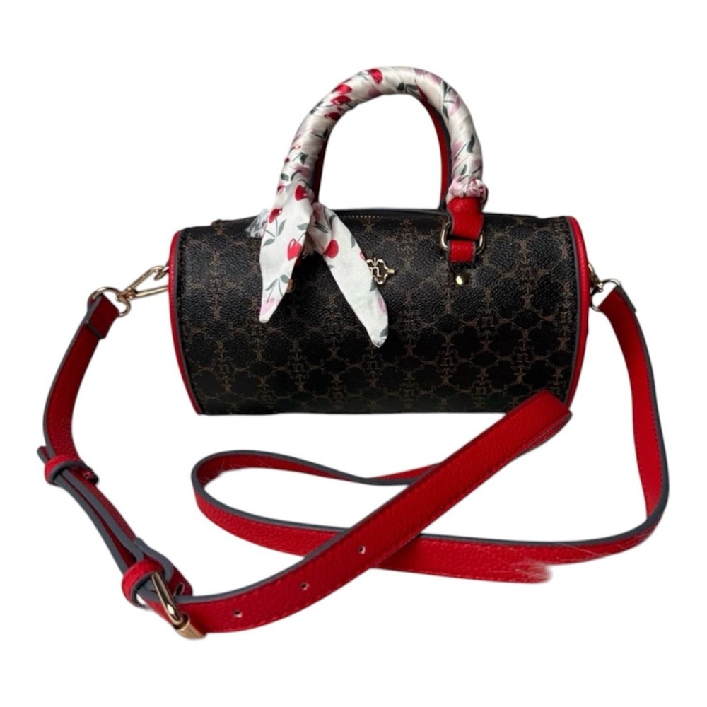 Nanette Lepore Brown and Red Barrel Handbag Heart Shape Cherry Accents